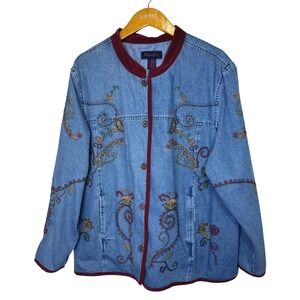 Vintage Denim & Co Denim Embroidered Jacket 2X Blue Cotton